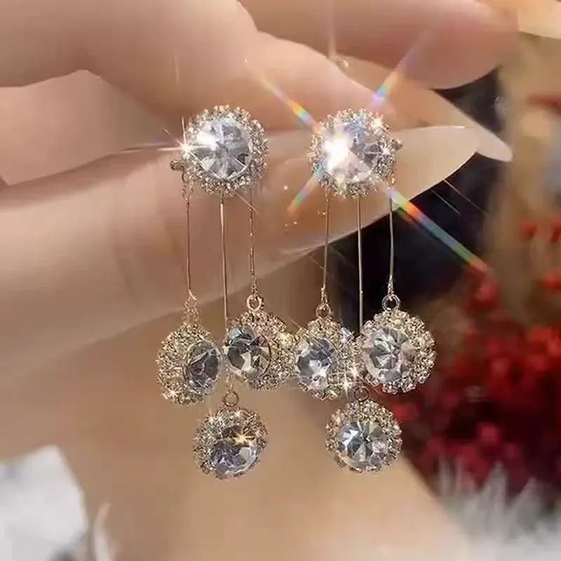 2-in-1 French Hepburn Crystal Tassel Earrings Convertible Sparkling Cubic Zirconia Studs with Detachable Long Drop Fringe Korean Style Statement Earrings for Women