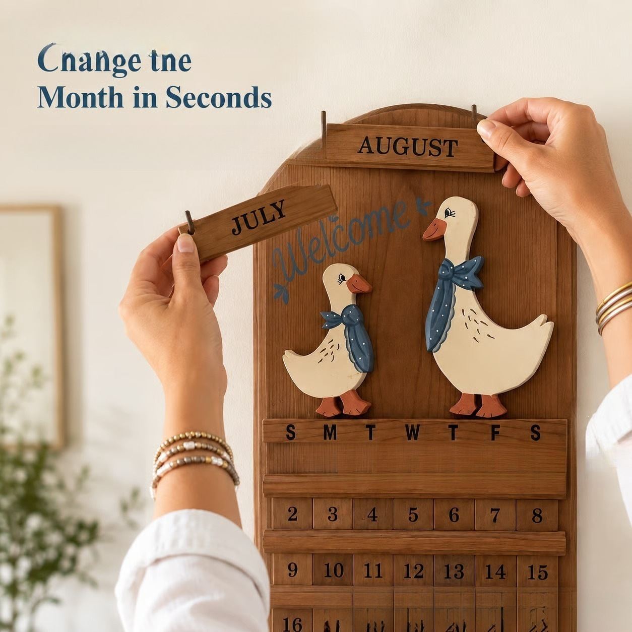 Wooden Goose Couple Calendar Vintage Perpetual Wall Calendar Cozy Farmhouse Goose Family Wooden Perpetual Block Calendar Wall Hanging Decor Housewarming Gift