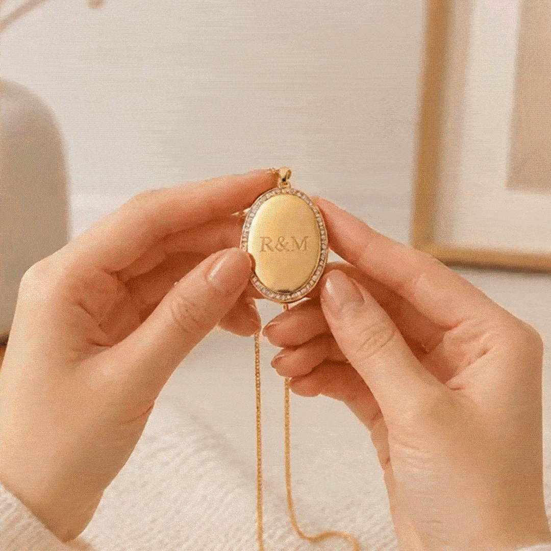 Personalized Engraved Smart Electronic Locket – Pave Rhinestone Halo Oval Pendant, Animated Video & Photo Slideshow Screen Necklace, Tech Jewelry Gift for Her