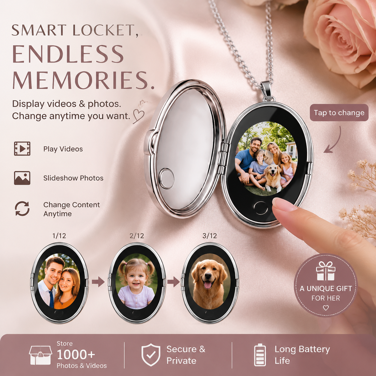 Personalized Engraved Smart Electronic Locket – Pave Rhinestone Halo Oval Pendant, Animated Video & Photo Slideshow Screen Necklace, Tech Jewelry Gift for Her