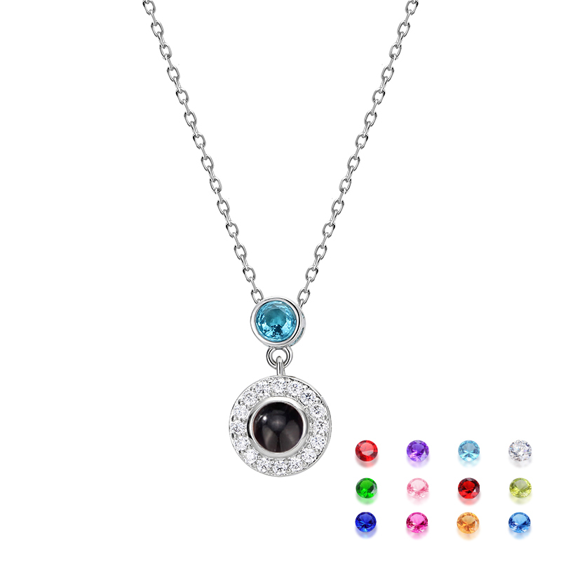 Personalized Projection Photo Necklace Round Pendant With Diamonds And Birthstone Beautiful Gift For Her - soufeelus
