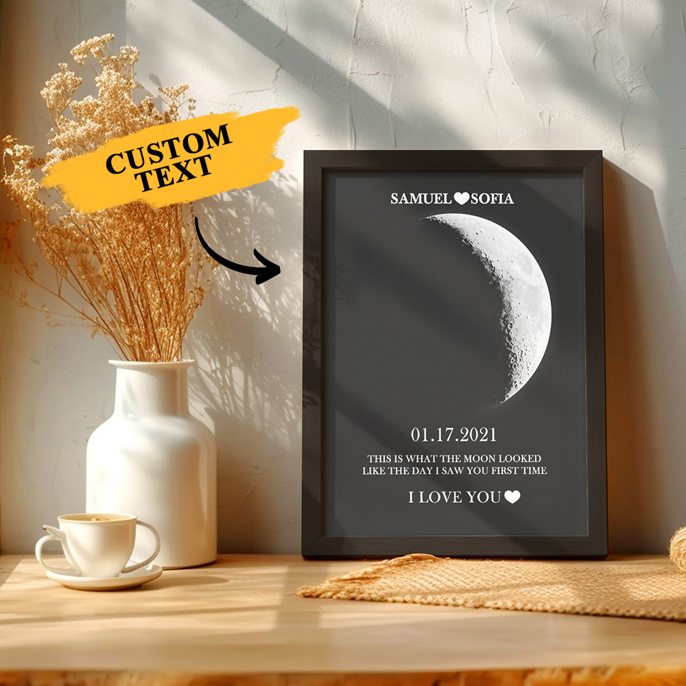 Custom Silver Moon Phase and Names Wooden Frame with Your Text Custom Couple Art Frame Best Valentine's Day Gift