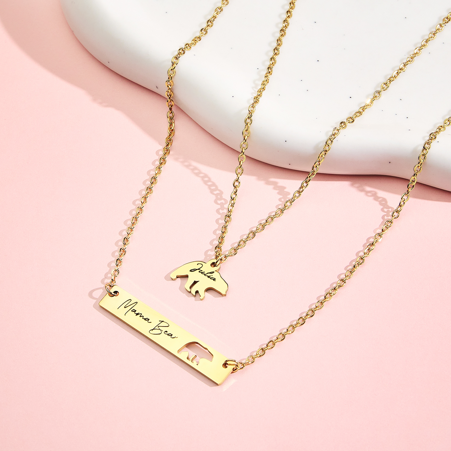 Custom Name Engraved Mama Bear Necklace Set - Mother's Day Gift