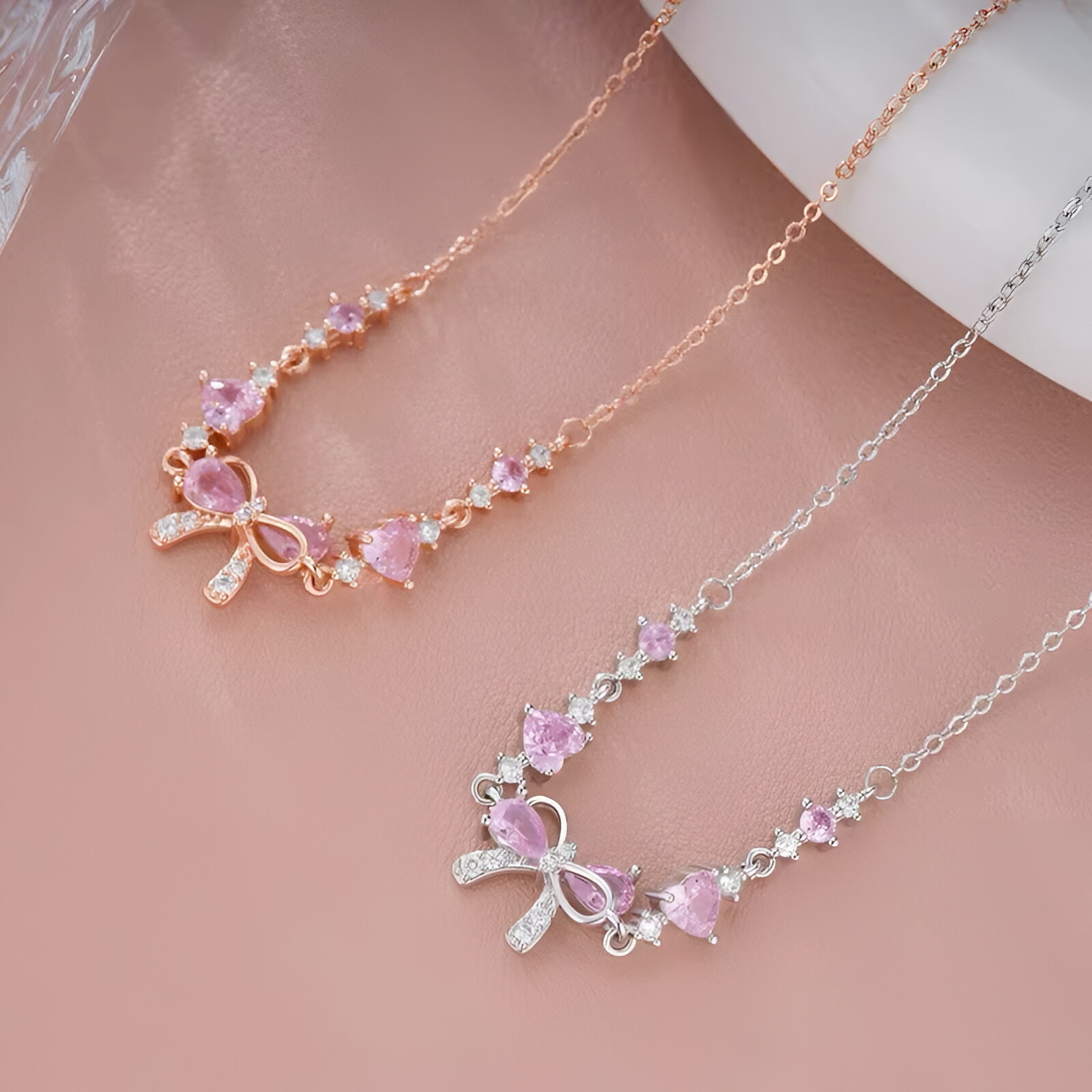 Bowknot Necklace Heart Pink Diamond Necklace Precious Jewelry Gift