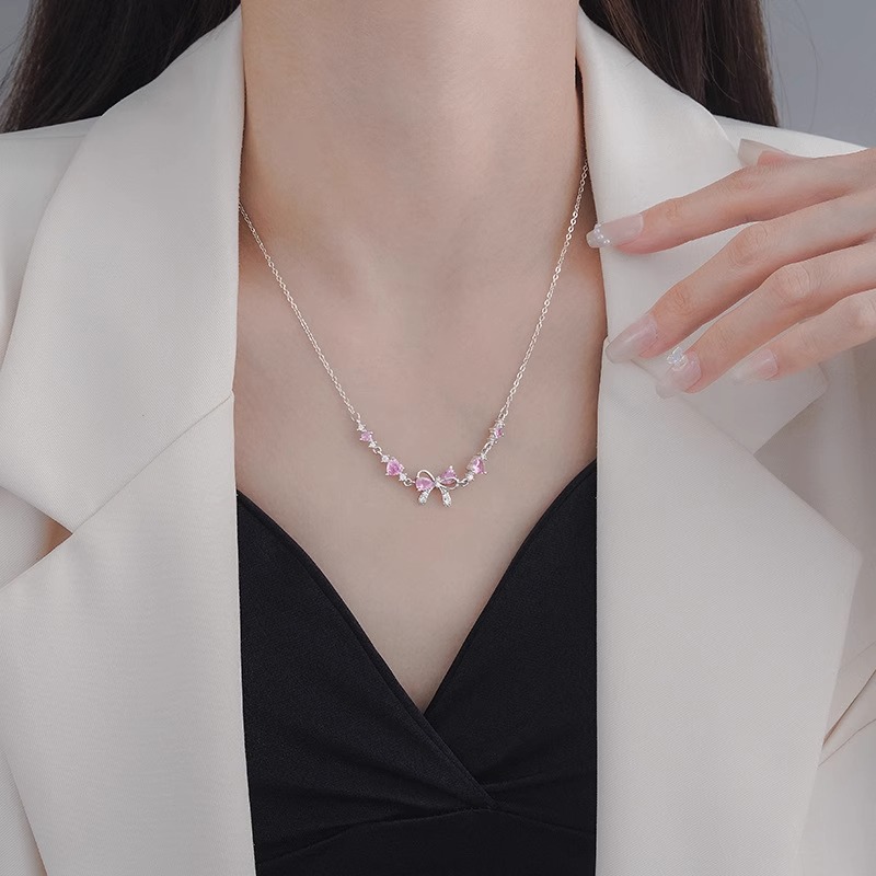 Bowknot Necklace Heart Pink Diamond Necklace Precious Jewelry Gift
