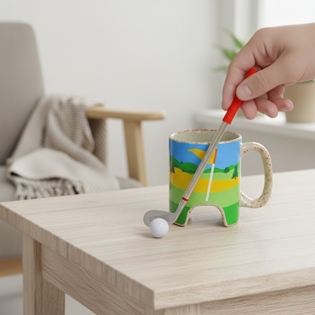 Golf Ceramic Mug with Bridge Hole & Mini Club Stirrer Fun Novelty Coffee Cup with Golf Game Design