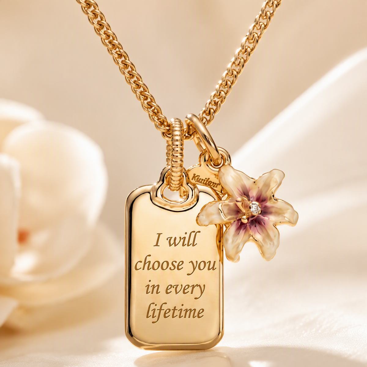 Engraved Necklace Custom Dog Tag Pendant Gold-Tone Double Charm Enamel-Look Flower Necklace Personalized Love Message Jewelry Gift for Her