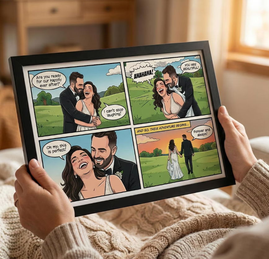 Custom Comic Strip From Photo, Personalized Couple Cartoon Art, Printable Valentines Gift for Him Her, Anniversary Story Portrait