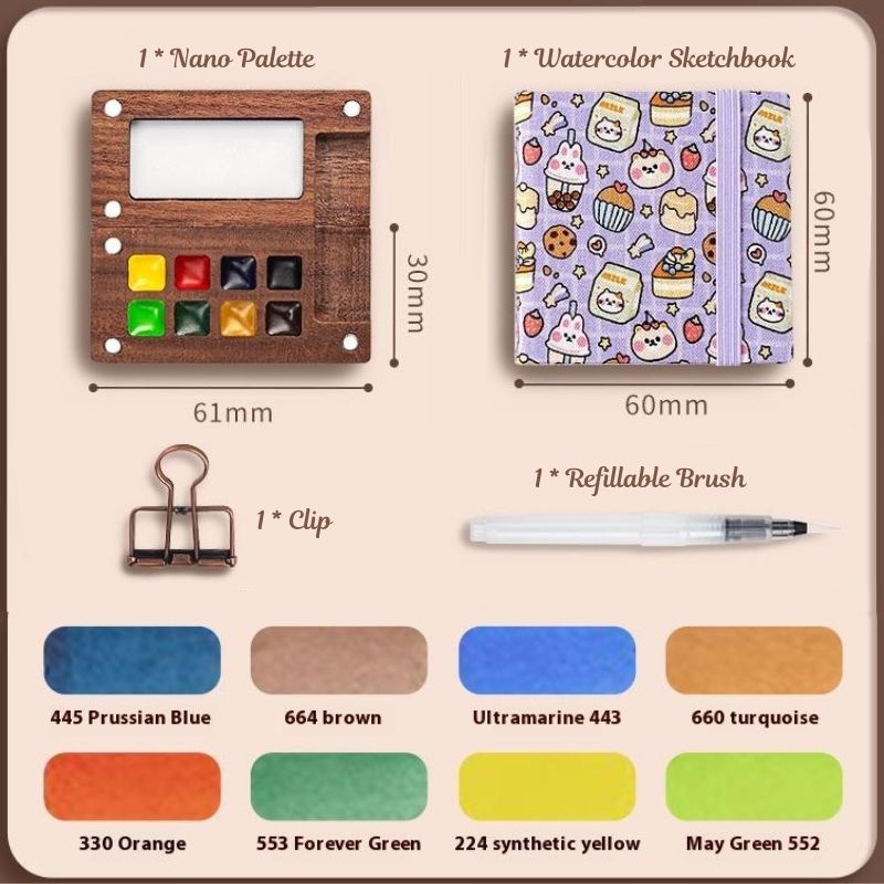 Mini Walnut Color Box Watercolor Package 8 Colors Portable Sketch Journal Book Travel Watercolor Painting Set