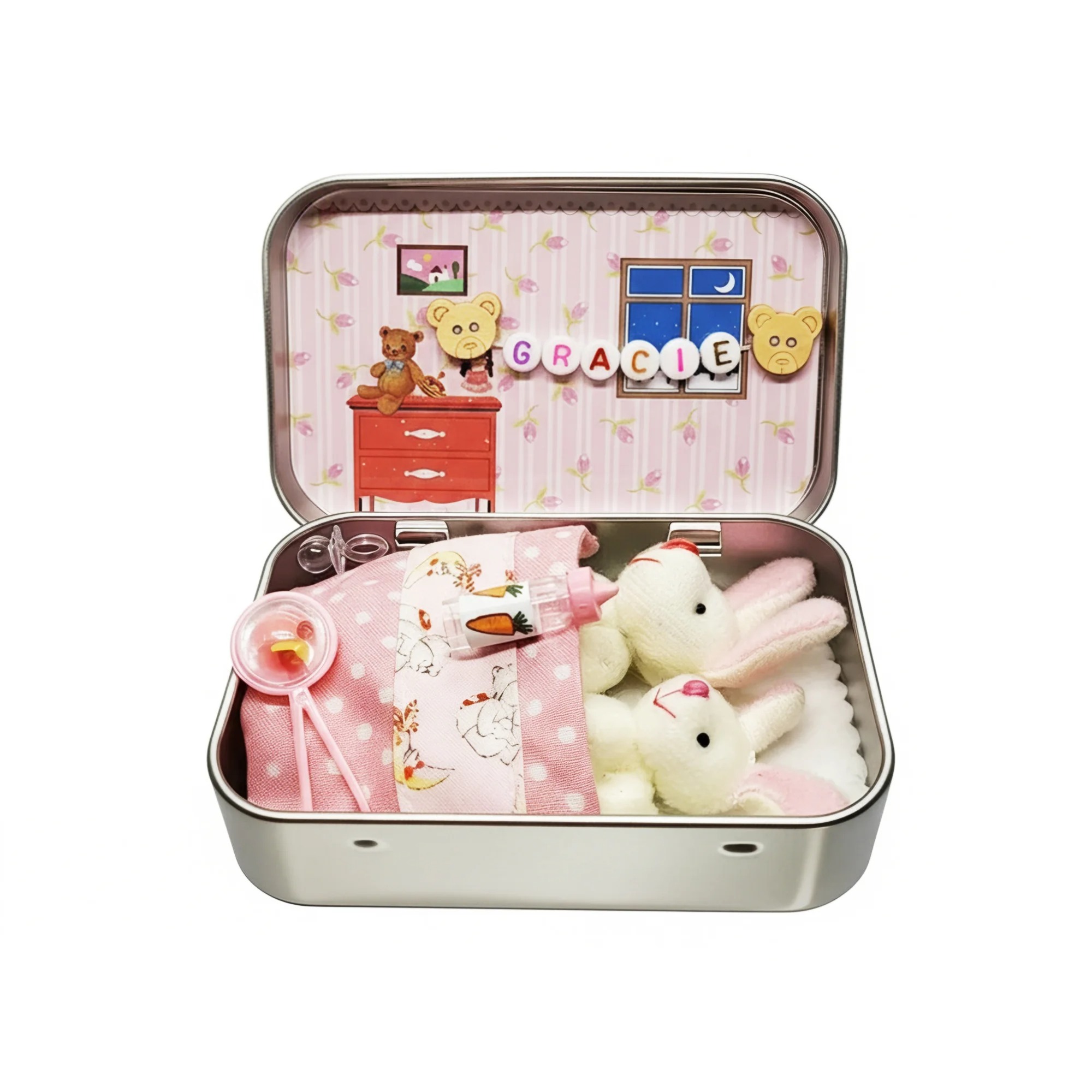 Custom Bunny Mummy Tiny Plush Pocket Tin with Name, Pocket Teddy Bear in Tin, Role Play Toy, Anxiety Easter Gift for Kids