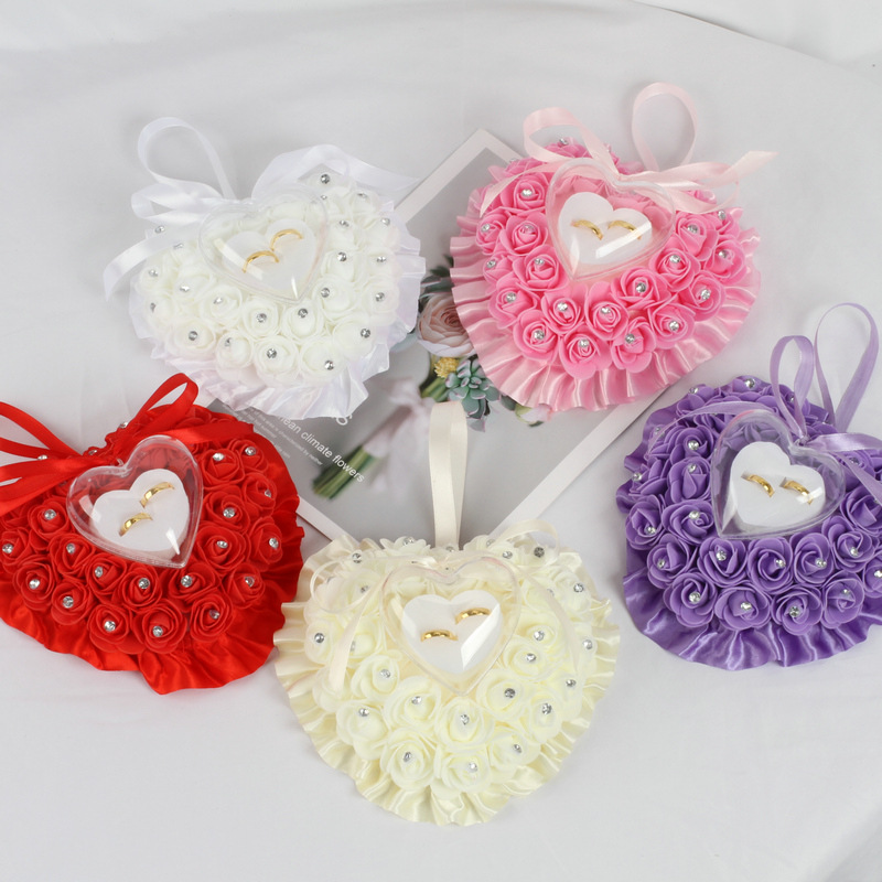Heart-Shaped Wedding Ring Pillow Holder with Elegant Floral Design – Hanging Ring Bearer Ornament for Weddings, Valentine’s Day & Mother’s Day Gift (Rings Not Included)