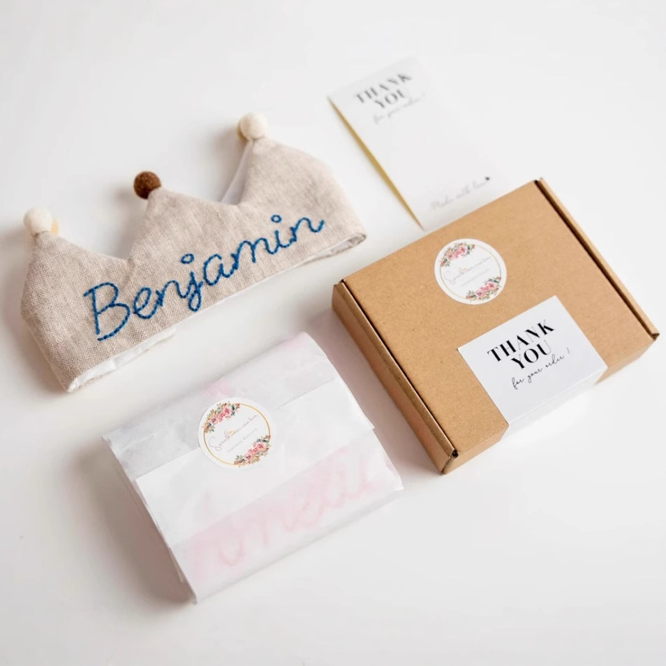 Hand Embroidered Linen Crown for Kids and Children's Birthdays, Personalized Gifts | Keepsake for First Birthday Party | Neutral Birthday