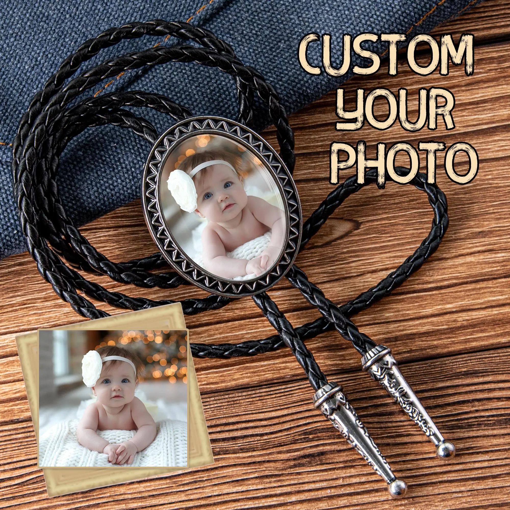 Personalized Photo Bolo Tie Necklace, Custom Leather Cord Western Tie, Pendant Necklace, Anniversary Souvenir, Valentine's Day Gift