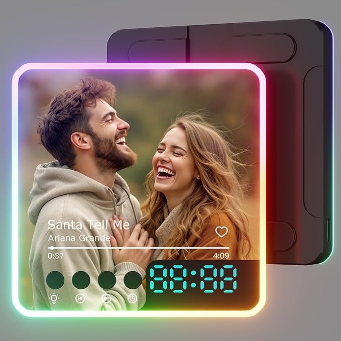 Personalized Music Fridge Magnet with LED Glow & Digital Clock - Custom Spotify Photo Plaque for Refrigerator - Unique Song Gift for Couples