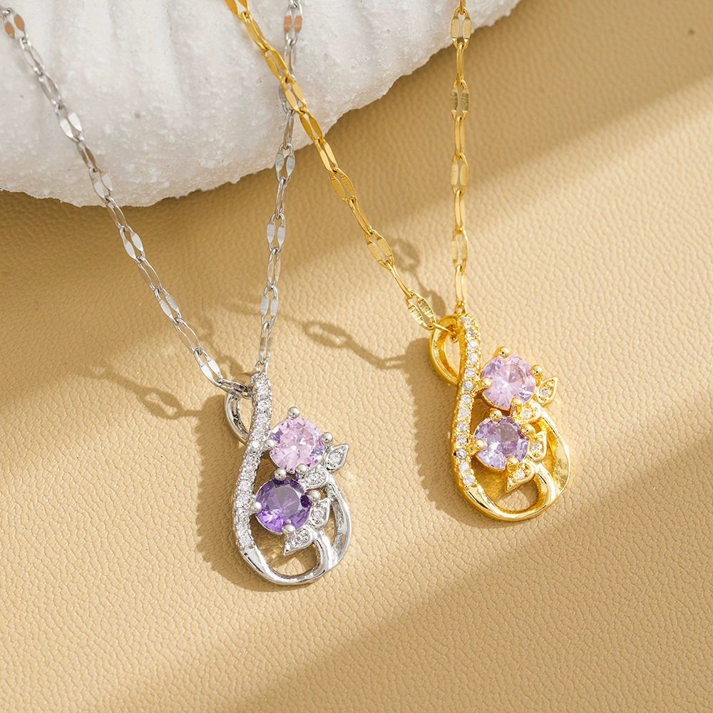 Zirconia Pendant Necklace – Colorful Stone Design, Minimalist Luxury Titanium Steel Chain for Women