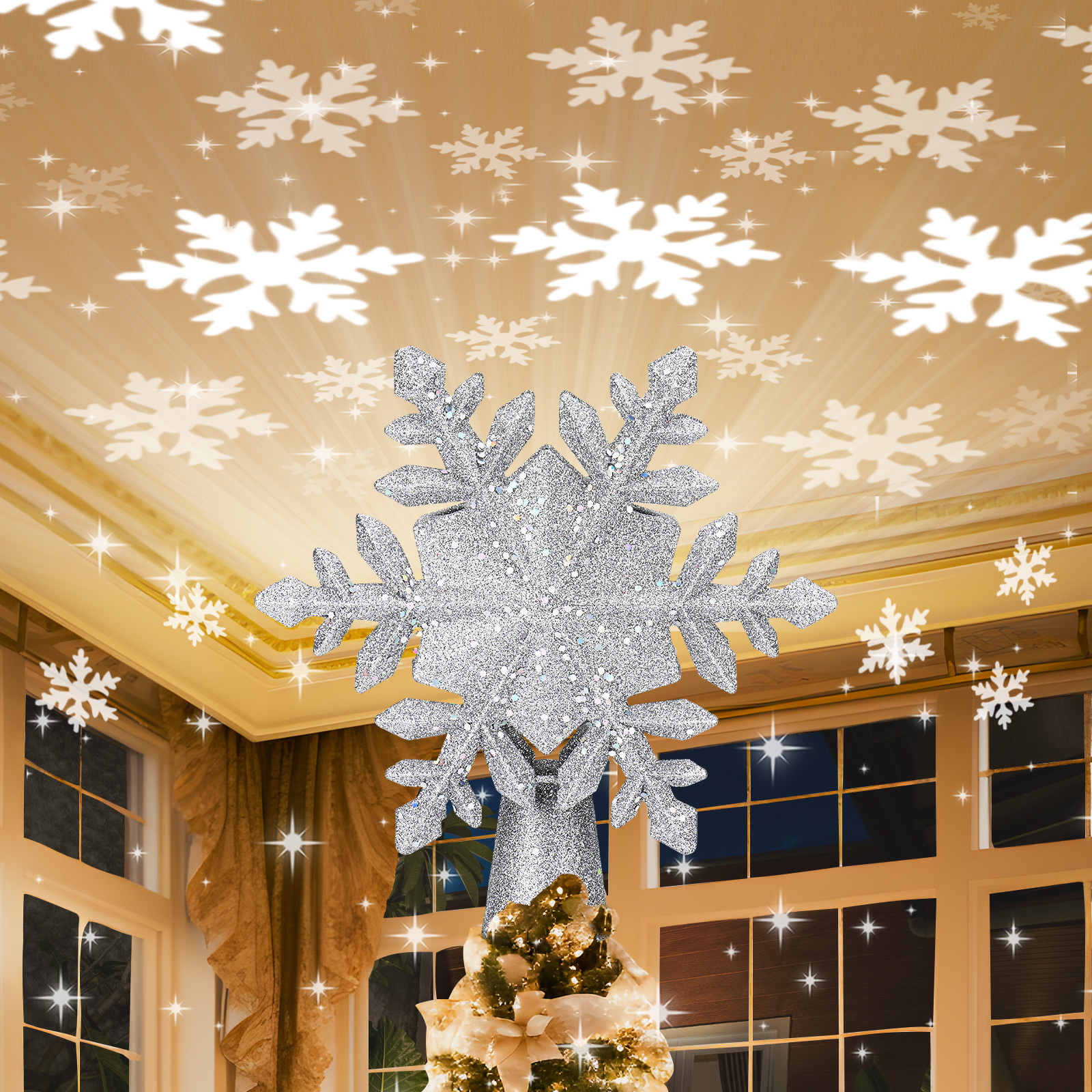 Christmas Tree Topper Lighted with Built-in Projection 3D Glitter LED Tree Top Projector for Christmas Tree Xmas Holiday Winter Home Wonderland Party Ornament