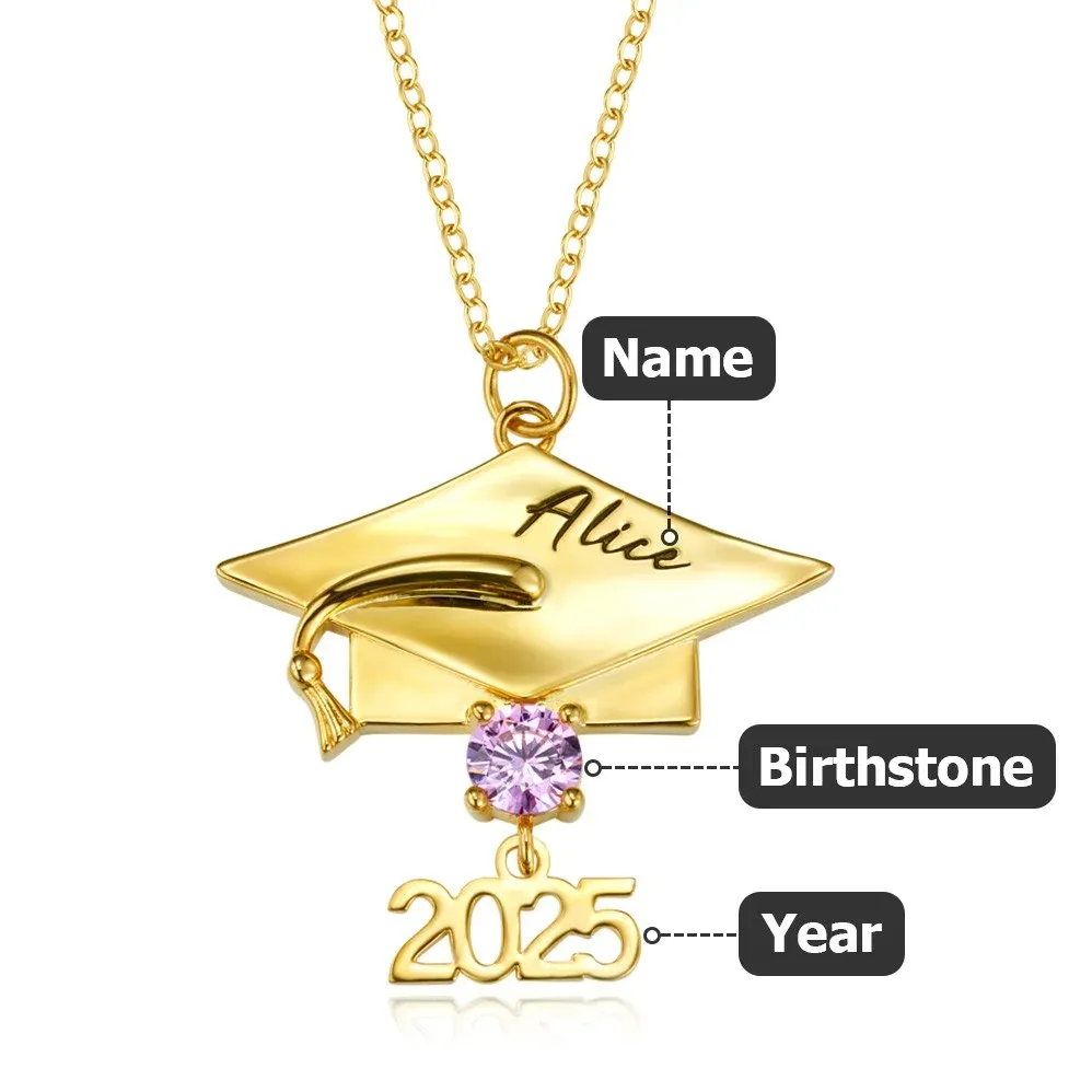 Personalized Graduation Cap Pendant Necklace Custom Birthstone & Name Sterling Silver Necklace Graduation Jewelry Gift for Her/Girlfriend/Daughter