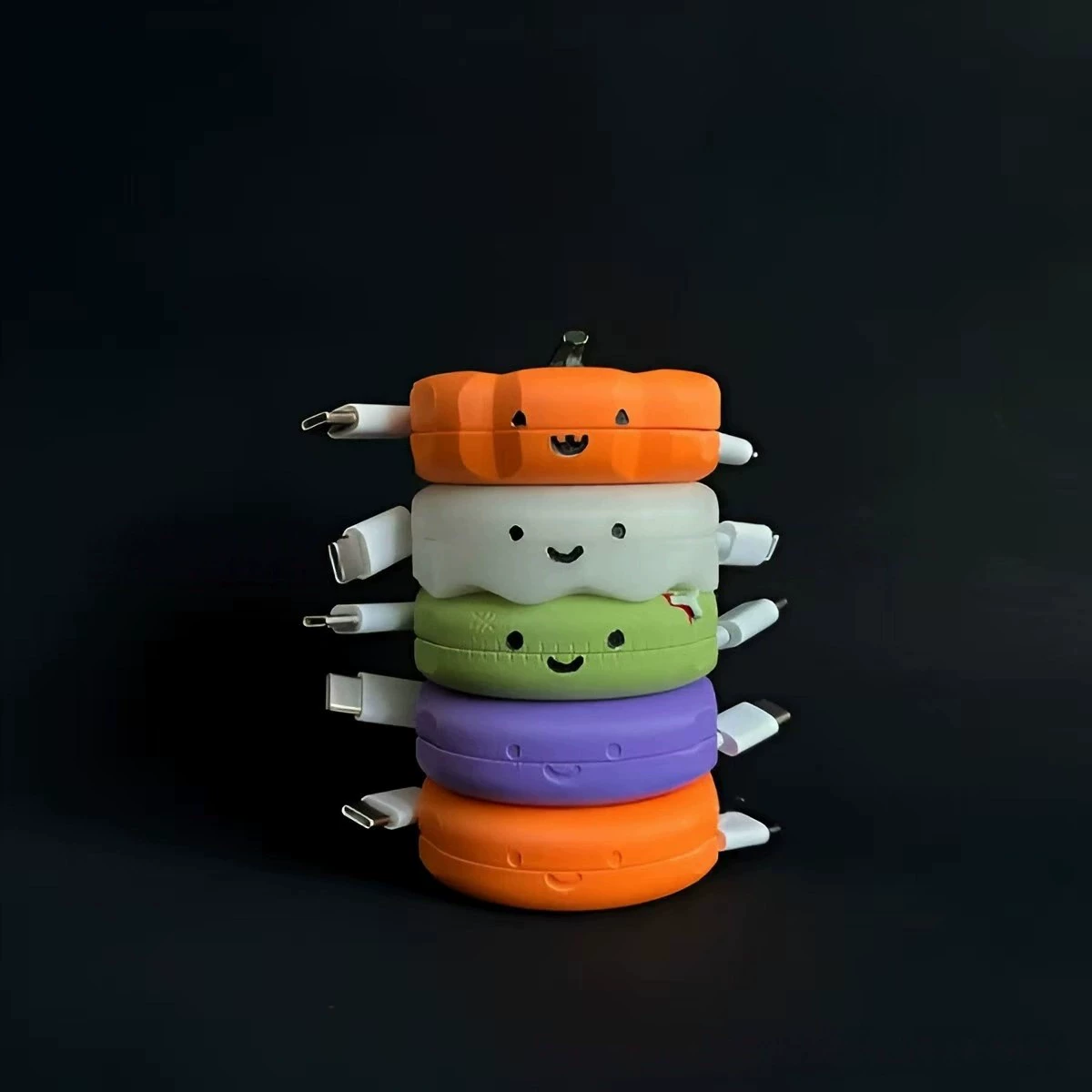 Cute Halloween Cartoon Cable Organizer Box Portable Smiling Face Charging Cable Winder Cord Keeper Desk Tidy Cable Protector for USB-C & Lightning Cables
