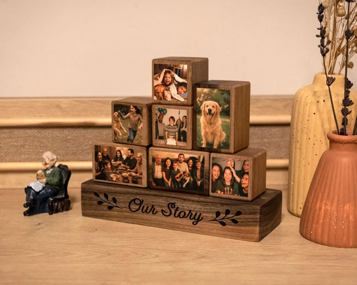Custom Wooden Photo Blocks Collage – Stackable Wood Photo Block Set, Family & Wedding Display, Personalized Picture Blocks Gift