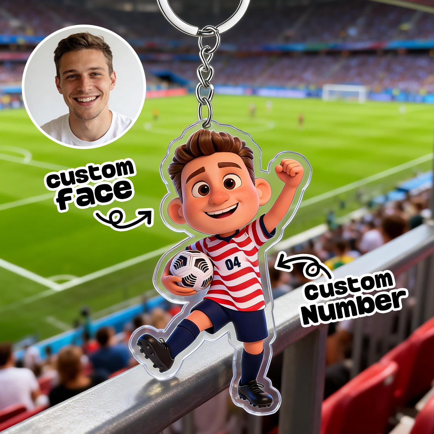 Custom Cartoon Face Keychains Personalized Cartoon-Style Acrylic Keychains with 2026 World Cup Team Outfits Perfect Gift for Football Fans