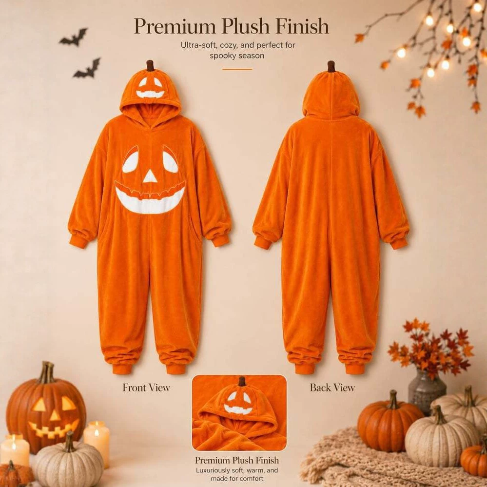 Halloween Pumpkin Onesie Plush Fleece Pajamas Thick Warm Jack-O'-Lantern Hooded Adult Sleepwear Funny Unisex Couples Costume Loungewear