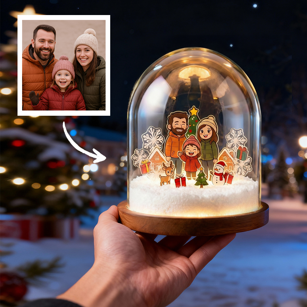 Custom Cartoon Photo Stand with Illuminated Glass Cover Personalized Christmas Scene Glass Decorations Unique Christmas Gifts