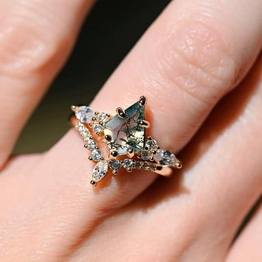 Moss Agate Engagement Ring Set Kite Cut Natural Moss Agate Bridal Ring Set Rose Gold Curved Stacking Wedding Band 2-Piece Vintage Jewelry Set for Women