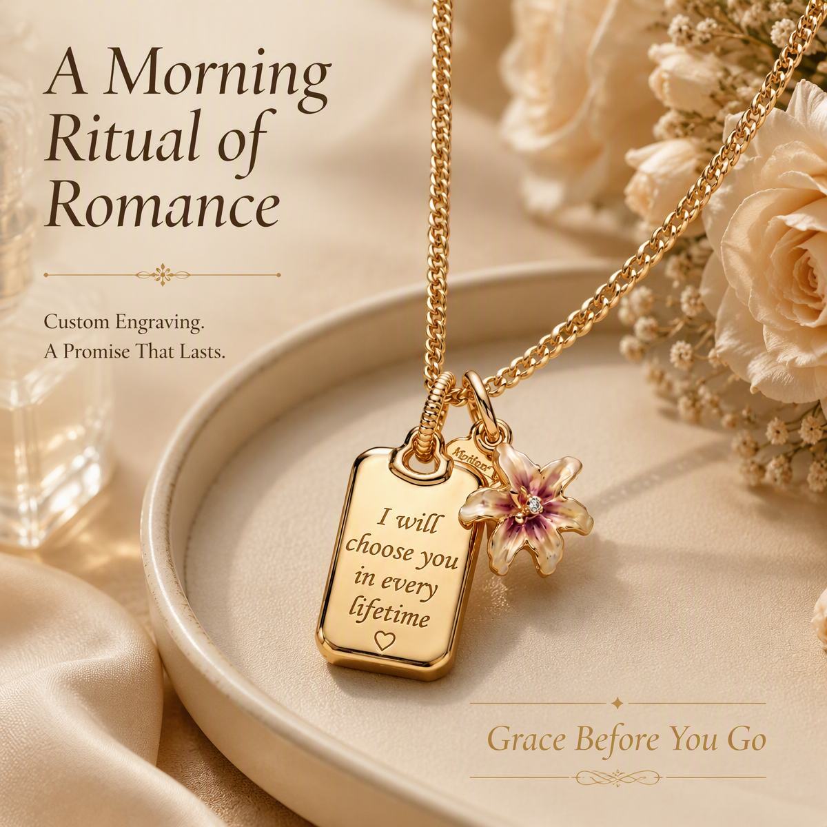 Engraved Necklace Custom Dog Tag Pendant Gold-Tone Double Charm Enamel-Look Flower Necklace Personalized Love Message Jewelry Gift for Her