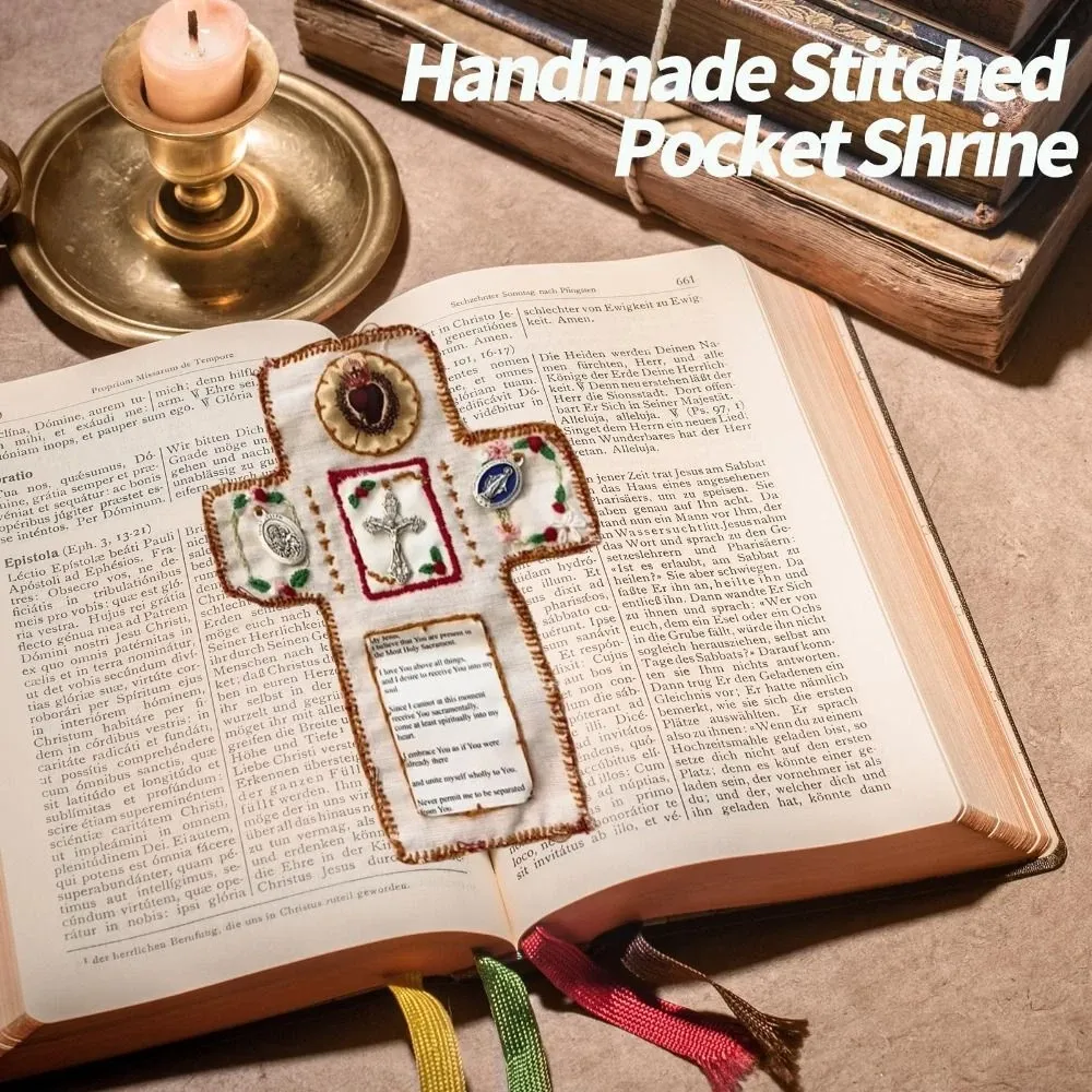 Handmade Catholic Pocket Shrine with Silver Cross Included - Sacred Heart of Jesus, Prayer Aid, Devotional