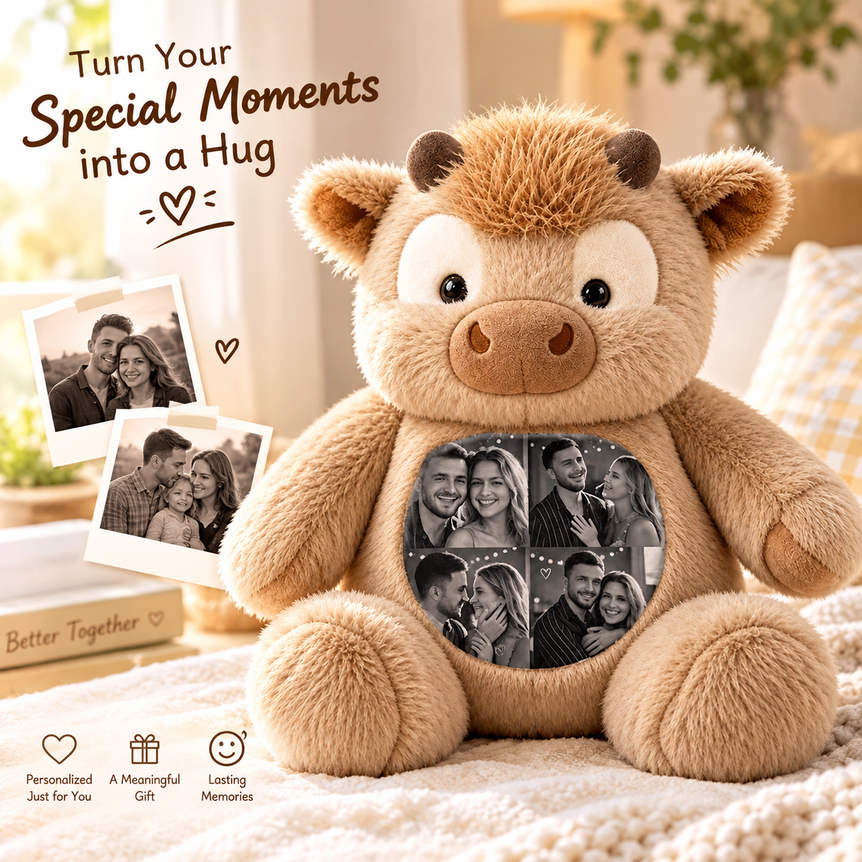 Custom Photo Highland Cow Plush Toy Personalized Picture Stuffed Highland Cattle Cute Family & Anniversary Keepsake Gift for Kids & Couples