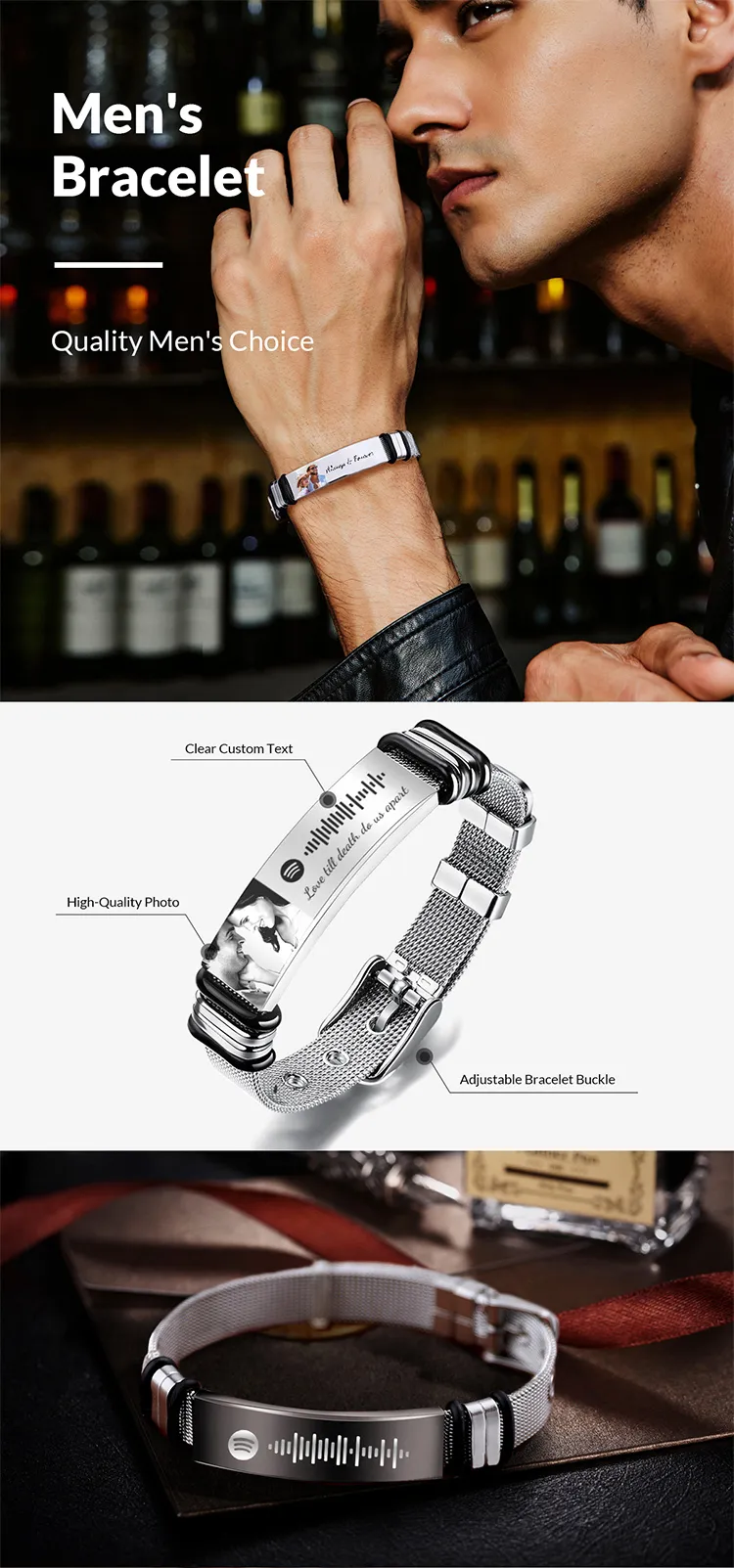 Customized Optional Photo Engraved Spotify Code Stainless Steel Bracelet Best Gifts For Dads On Father's Day detail image 1