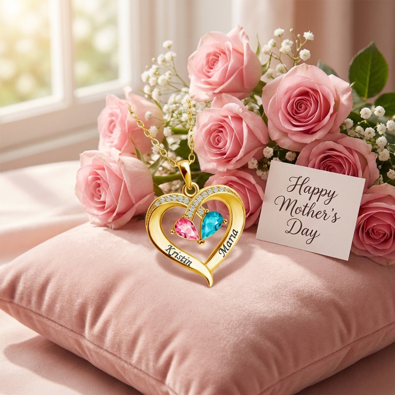 Personalized Pear Birthstones Heart Necklace for Mom – Custom Names Mother’s Day Gift