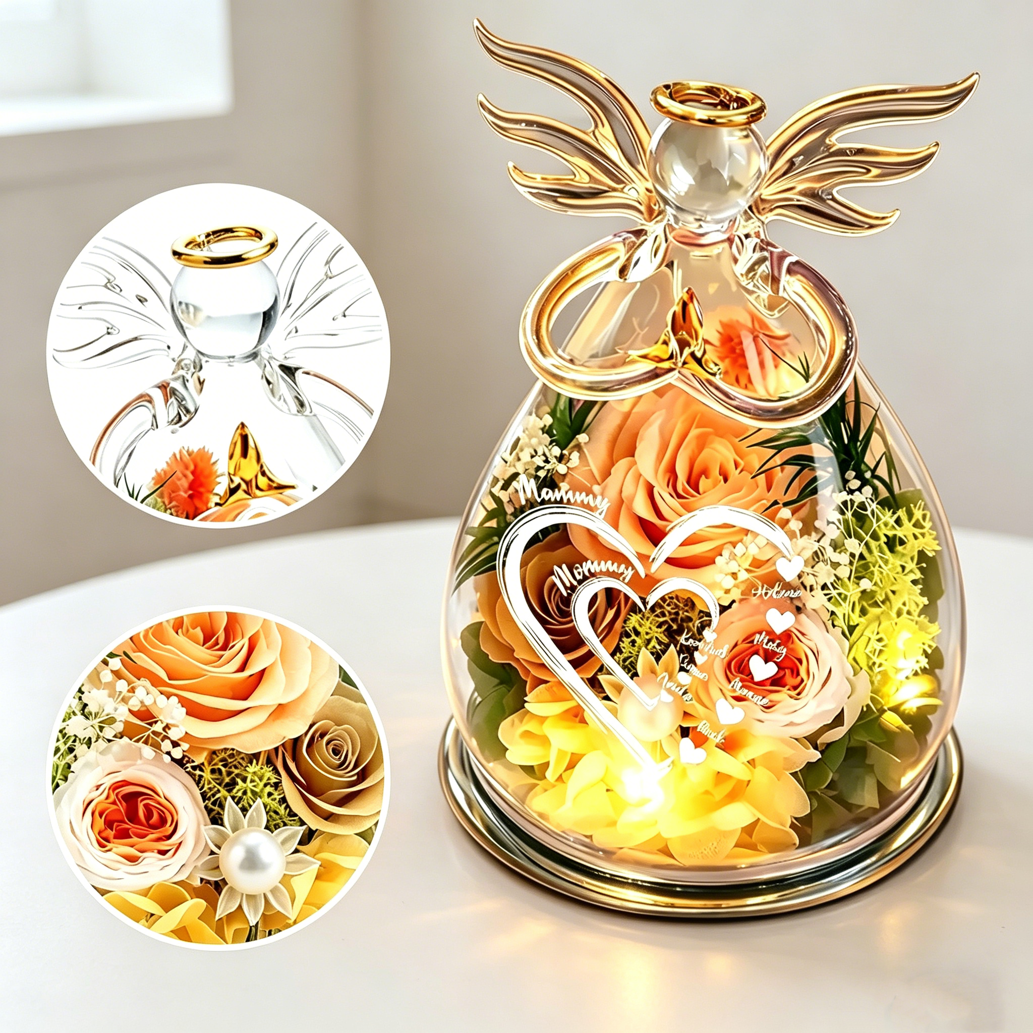 Flower In Glass Angel Figurines, Personalized Name Angel Flower Vase with LED Lights, Mother’s Day Gift for Mom & Grandma