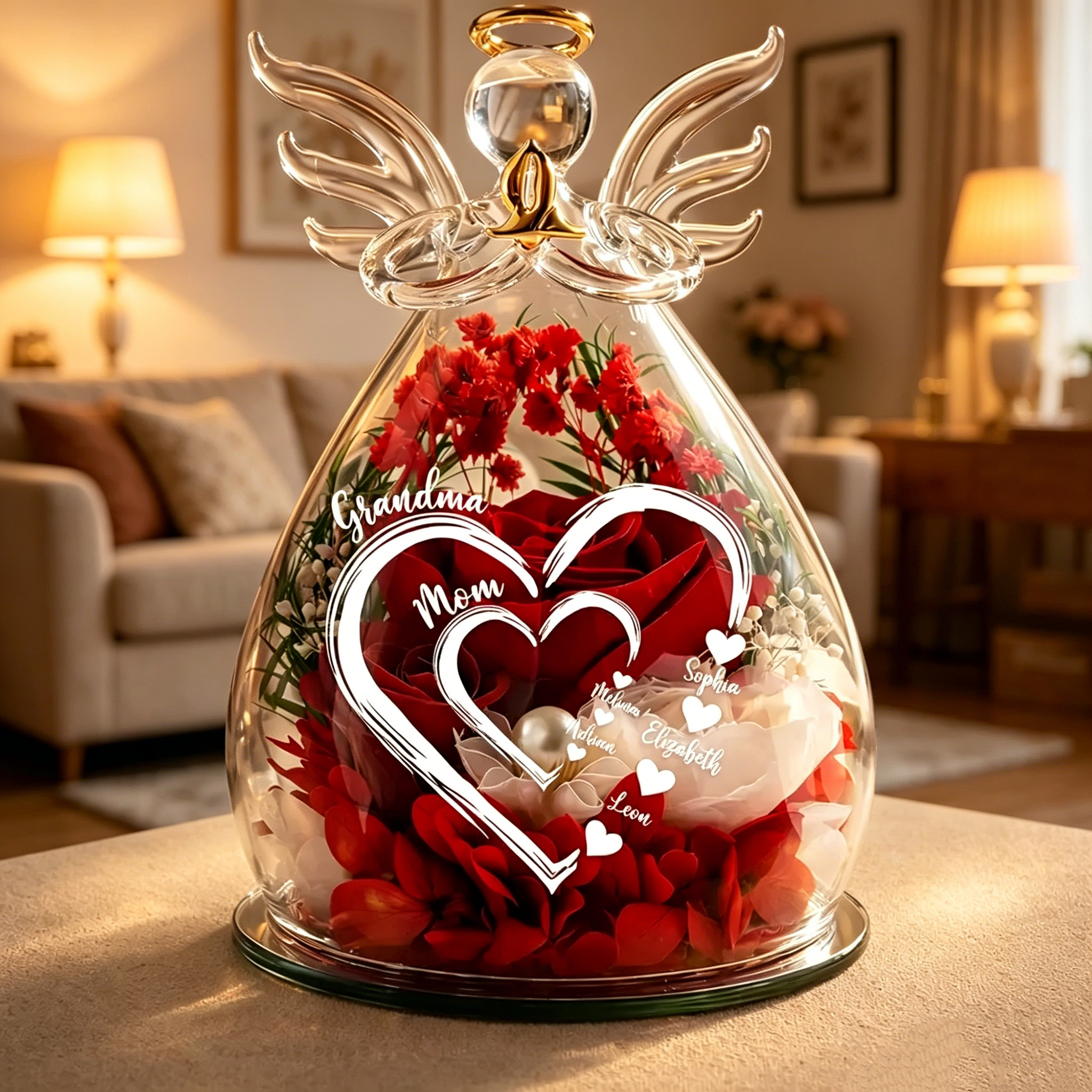 Flower In Glass Angel Figurines, Personalized Name Angel Flower Vase with LED Lights, Mother’s Day Gift for Mom & Grandma