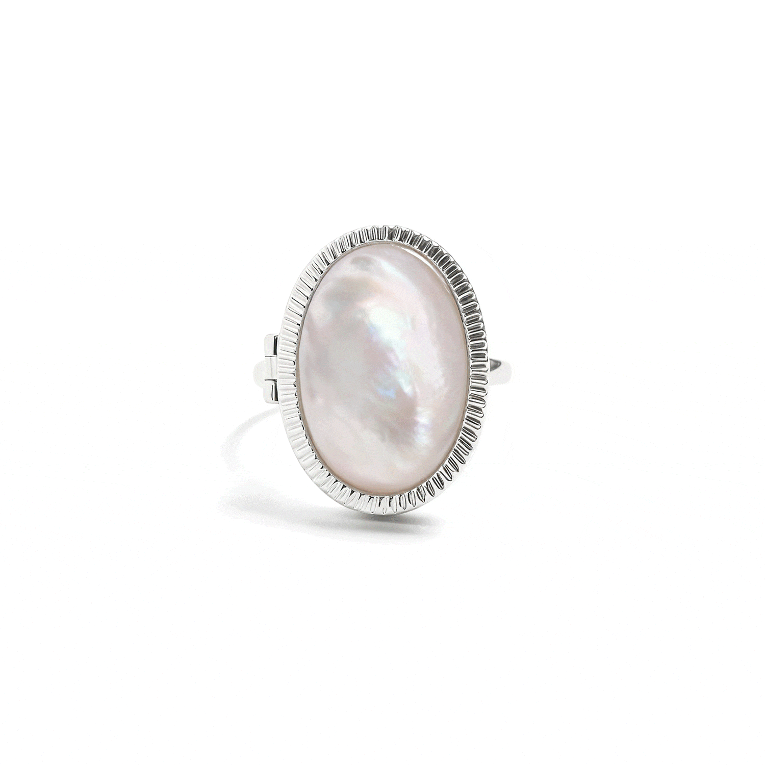Personalized Mother of Pearl Locket Ring detail