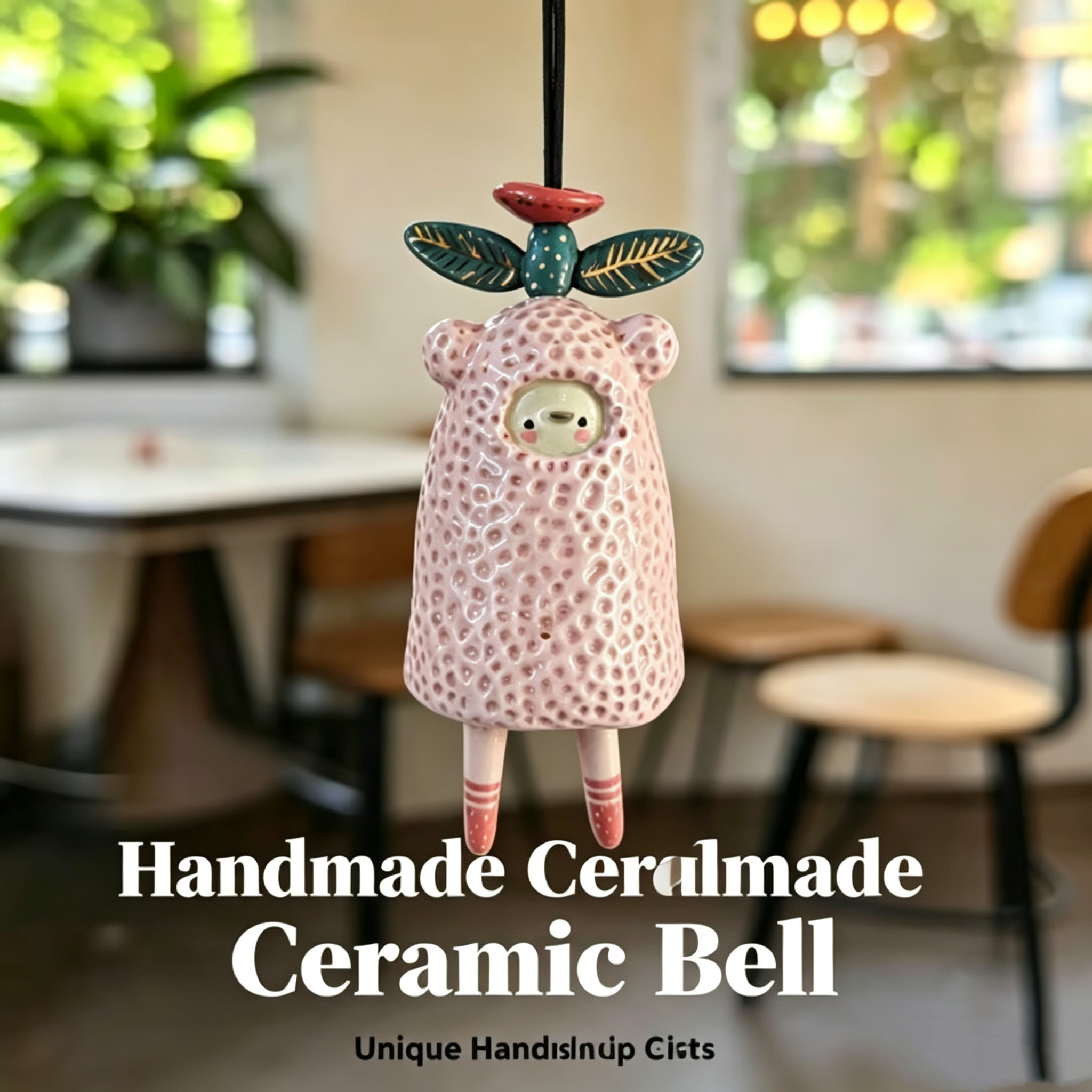 Handmade Ceramic Wind Chime Cute Pink Animal Bell Hanging Ornament Whimsical Garden Patio Window Decor Unique Cottagecore Gift for Her 商品缩略图