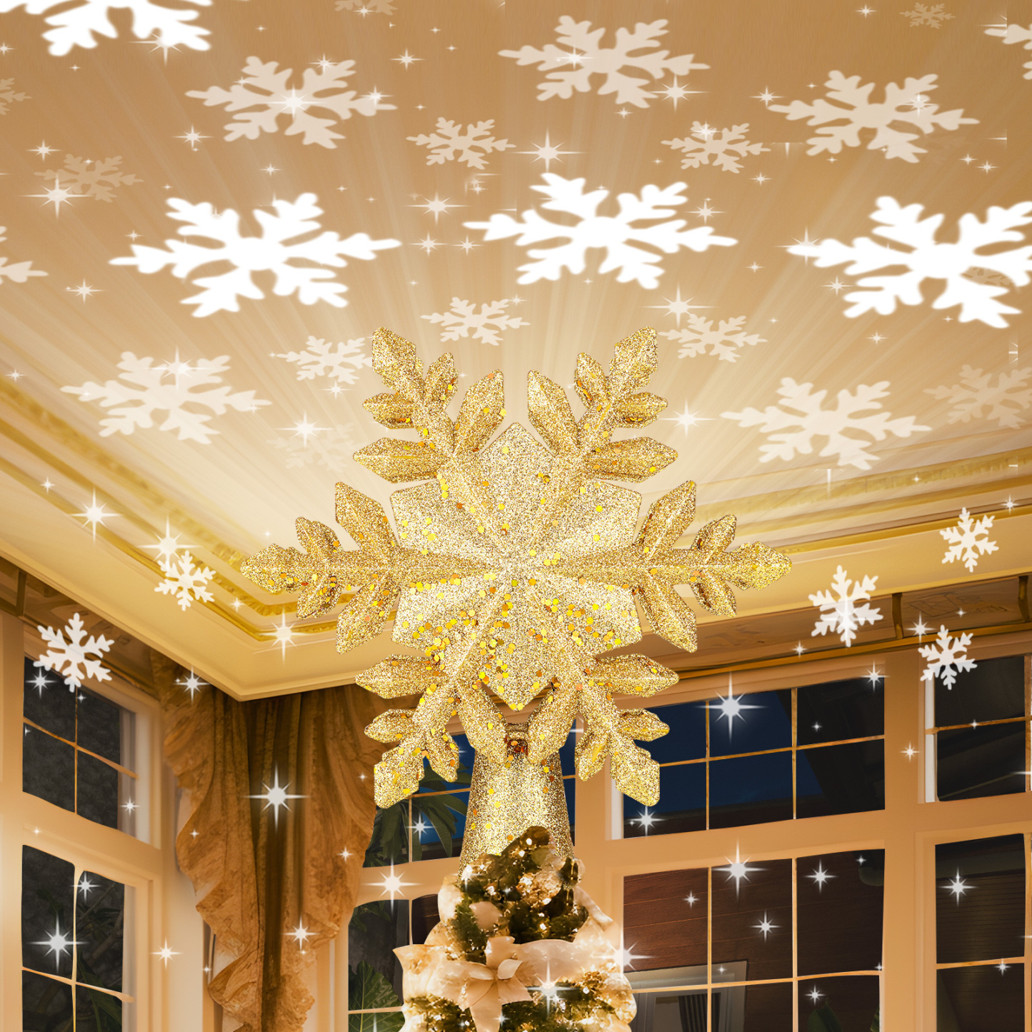 Christmas Tree Topper Lighted with Built-in Projection 3D Glitter LED Tree Top Projector for Christmas Tree Xmas Holiday Winter Home Wonderland Party Ornament