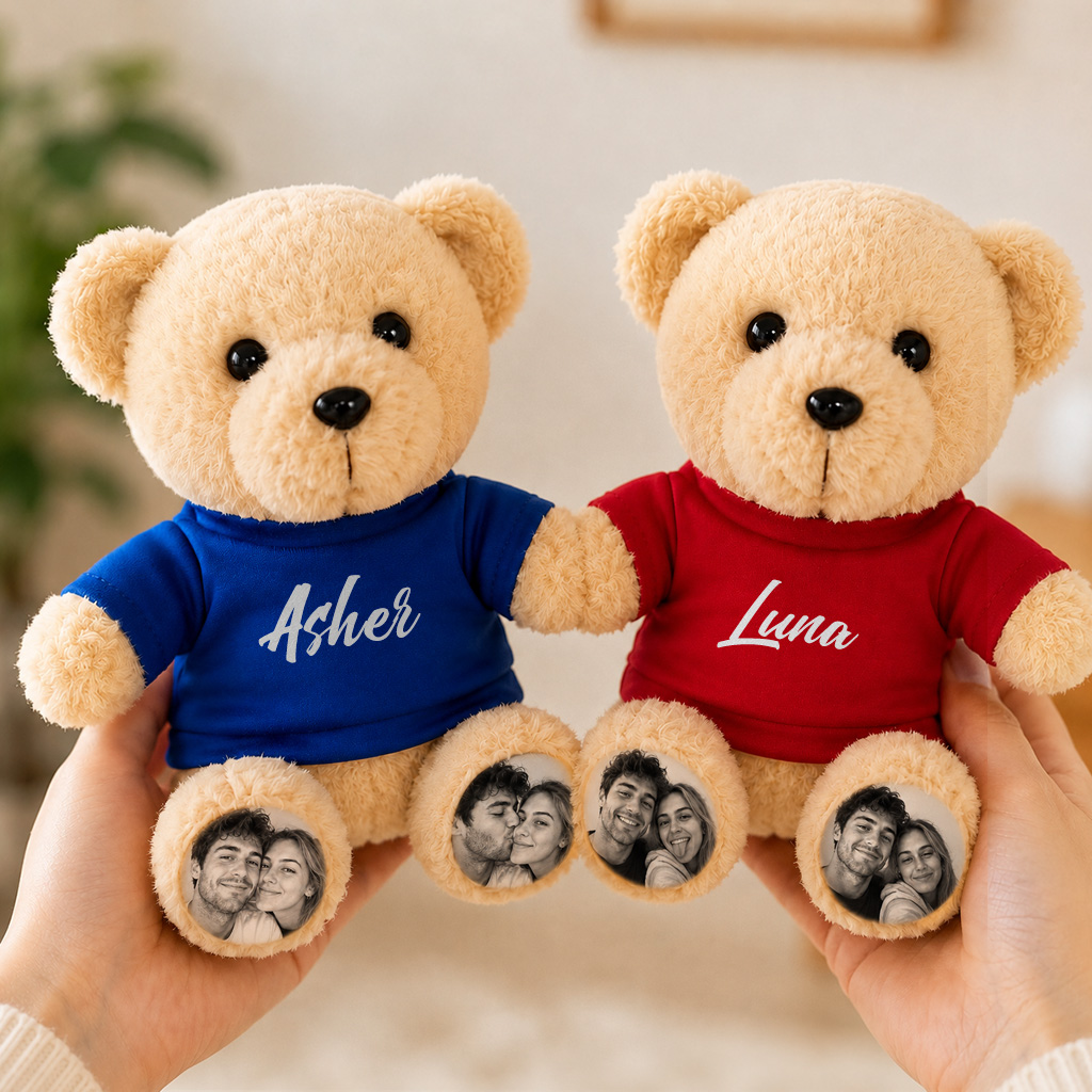 Personalized Teddy Bear with Custom Photo Feet & Name Shirt – Cute Custom Plush Gift for Couples, Kids & Loved Ones
