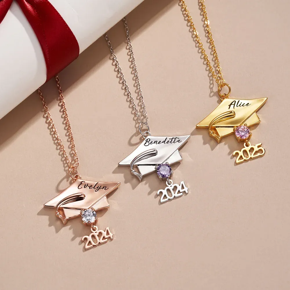 Personalized Graduation Cap Pendant Necklace Custom Birthstone & Name Sterling Silver Necklace Graduation Jewelry Gift for Her/Girlfriend/Daughter