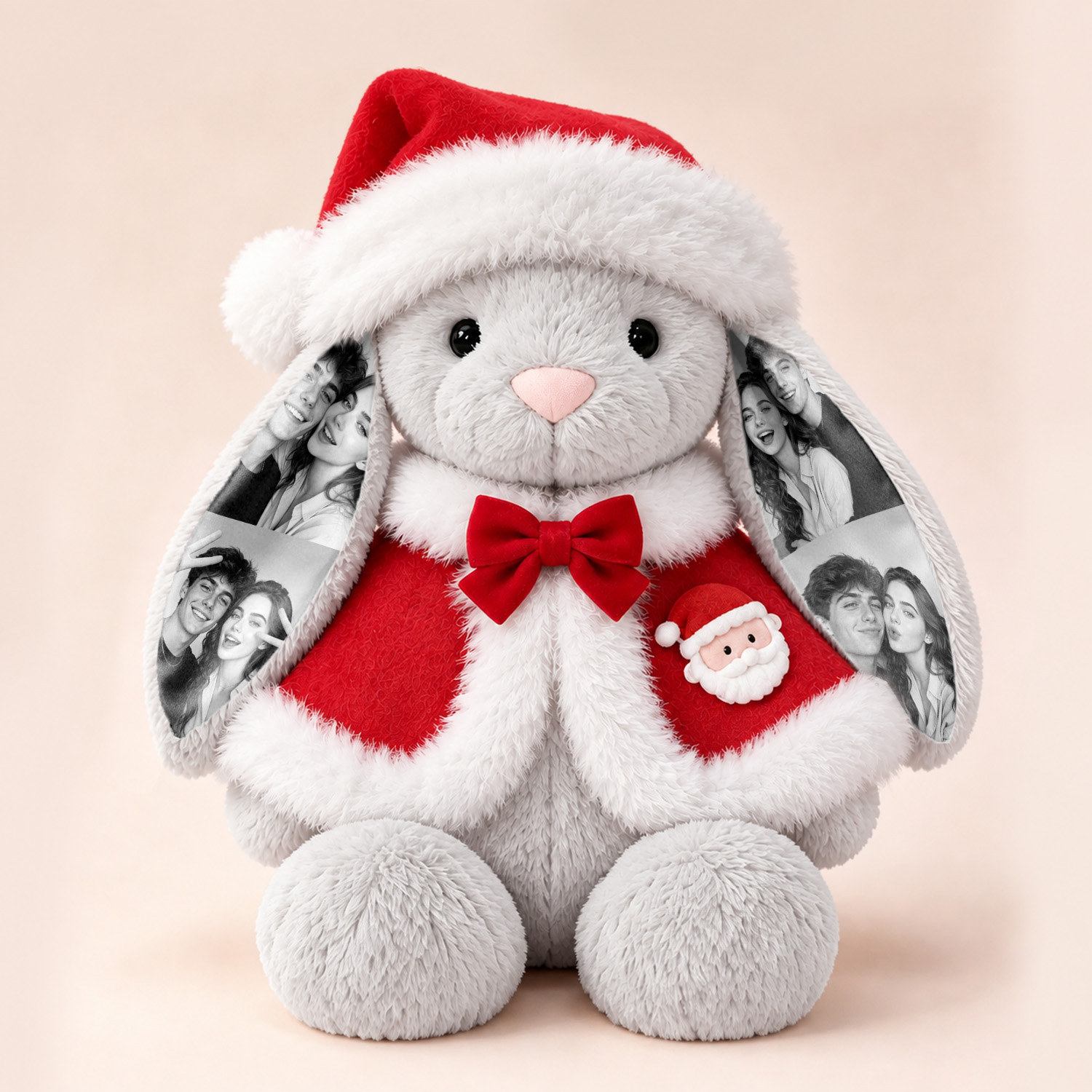 Personalized Photo Bunny Stuffed Animal with Santa Hat & Red Cape Cloak - Custom Photo Long Ear Rabbit Plush Doll, Christmas Holiday Keepsake Gift