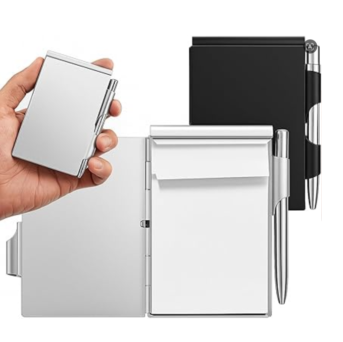 Metal Pocket Notebook with Pen and Refillable Paper Aluminum Flip Mini Notepad Holder Small Journal with Pen Holder for Office Gifts