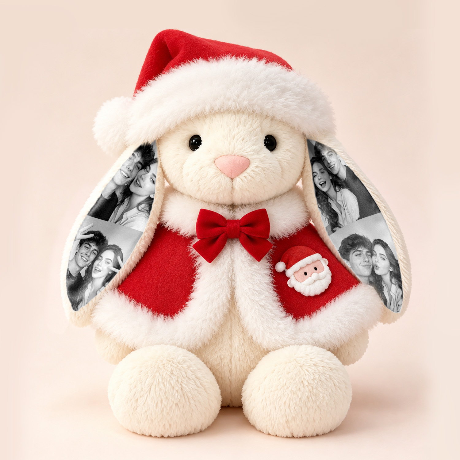 Personalized Photo Bunny Stuffed Animal with Santa Hat & Red Cape Cloak - Custom Photo Long Ear Rabbit Plush Doll, Christmas Holiday Keepsake Gift