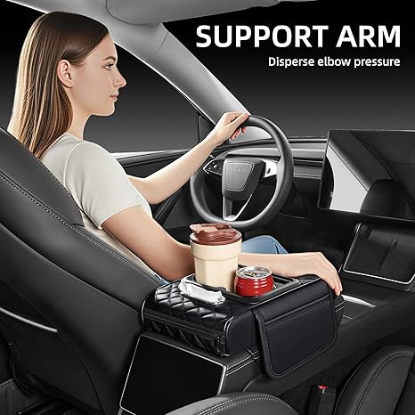 Custom Name 5 in 1 Nappa Leather Console Armrest Cover, Black | Built-in cup holder, tissue slot, phone holder & 2 storage pockets, practical car accessories fit SUV sedan truck
