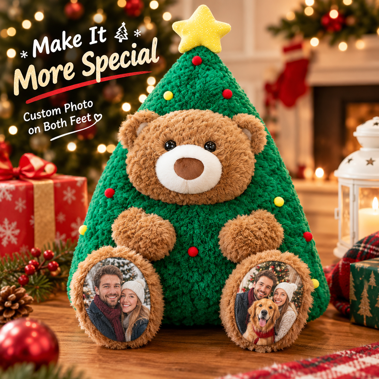 Personalized Christmas Tree Bear Plush – Custom Photo Bear with Personalized Paw Prints, Christmas Gift for Couples & Families