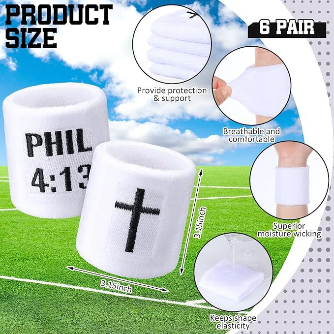 6 Pair Faith Cross Drip Wristband Baseball Drip Baseball Accessories Cross Sports Wristband Absorbent Sweat Band Athletic Christian Faith for Sports Basketball Football Gym Workout