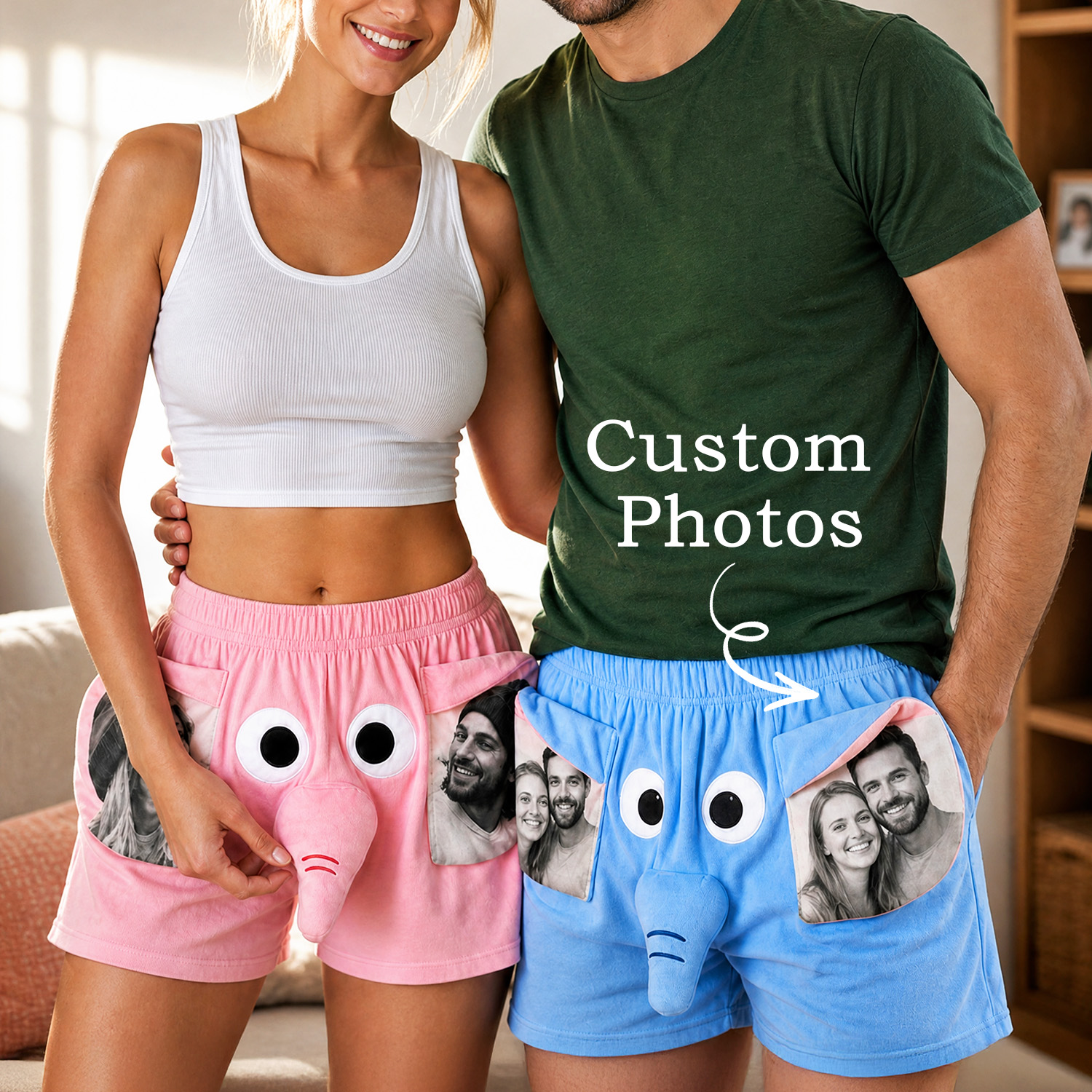 Personalized Elephant Squeaky Lounge Shorts – Custom Photo Pajama Shorts with 3D Squeeze Trunk, Funny Summer Shorts for Kids & Adults 商品缩略图