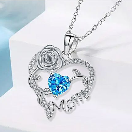 Heart-Shaped Mom Pendant Necklace with Rose Birthstone Crystal Mother’s Day Gift