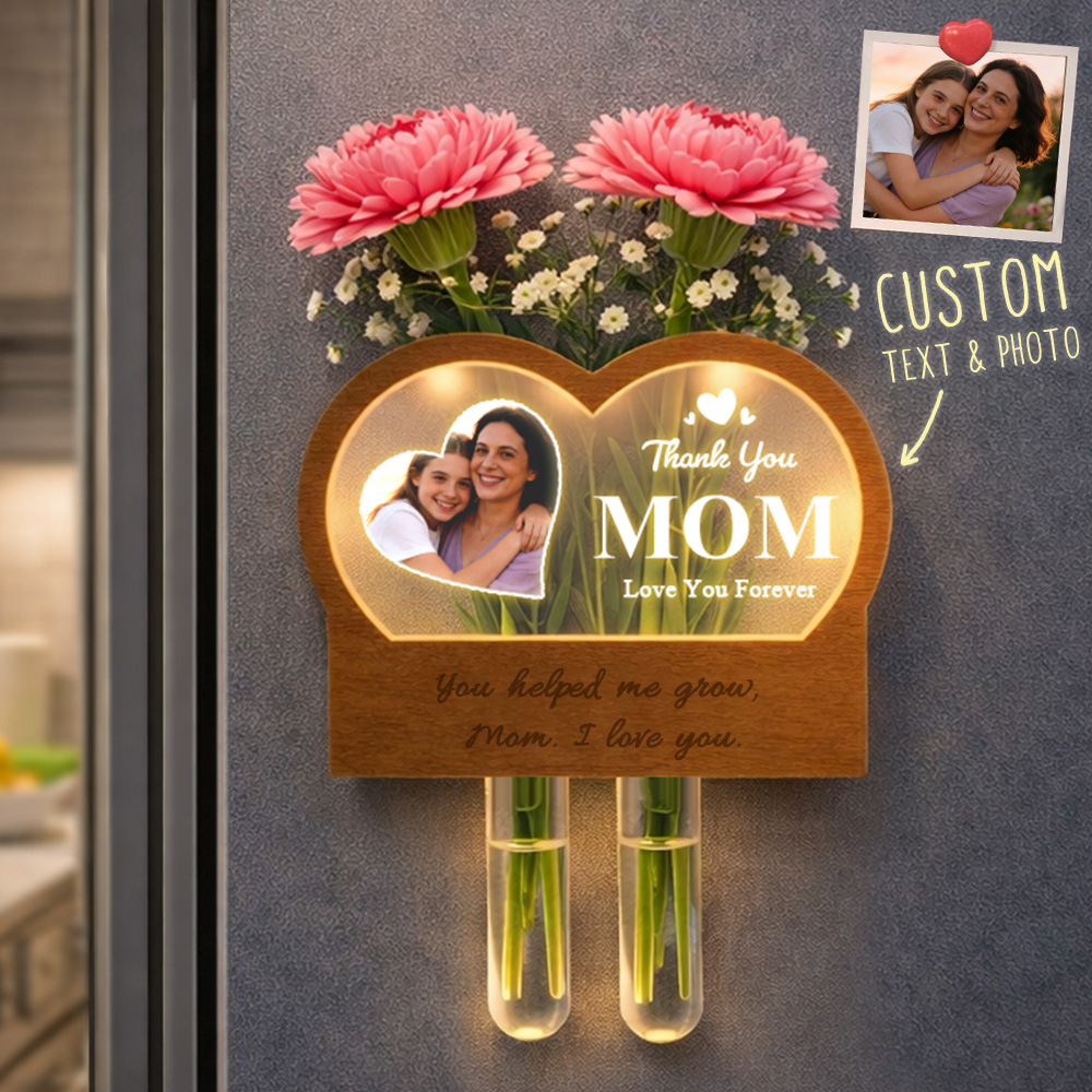 Personalized Photo Fridge Magnet with Flower Tubes – Custom Acrylic & Wood Vase Frame, Engraved Gift for Mom (1–4 Tubes)