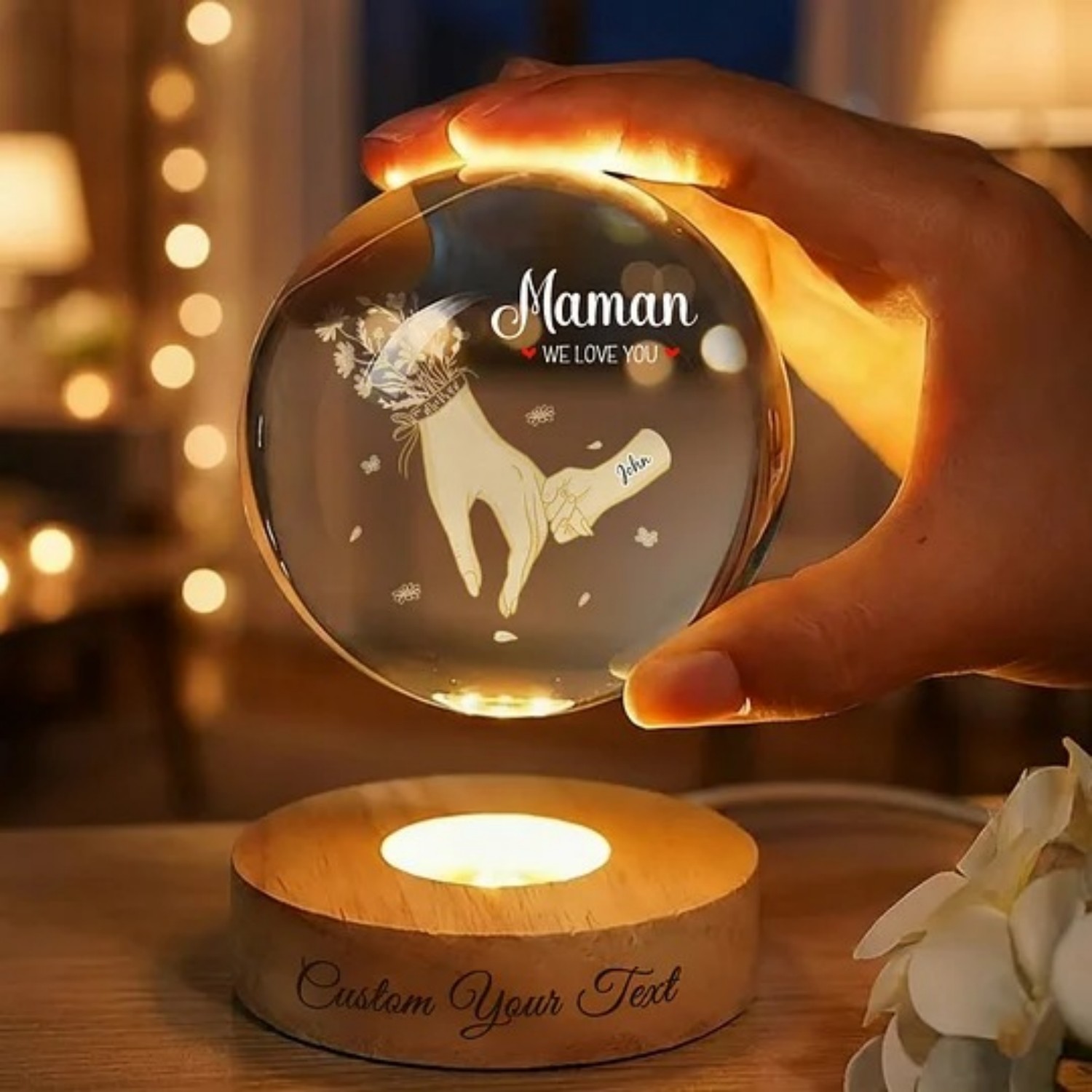 Holding Mother's Hand and I Love You Personalized Name Crystal 3D Ball Lamp Mother's Day Gift