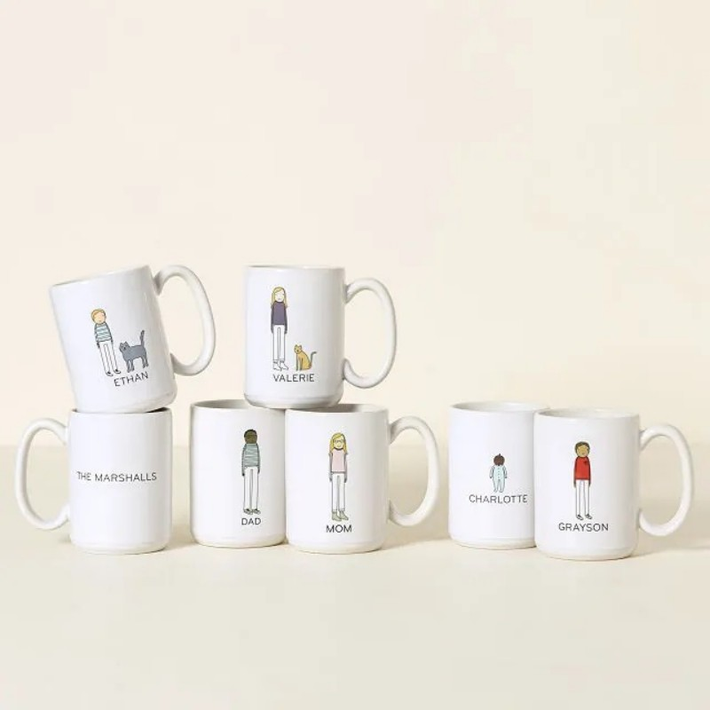 Personalized Family Mugs Custom Your Family Name and Artwork Depicting Each Family Member.